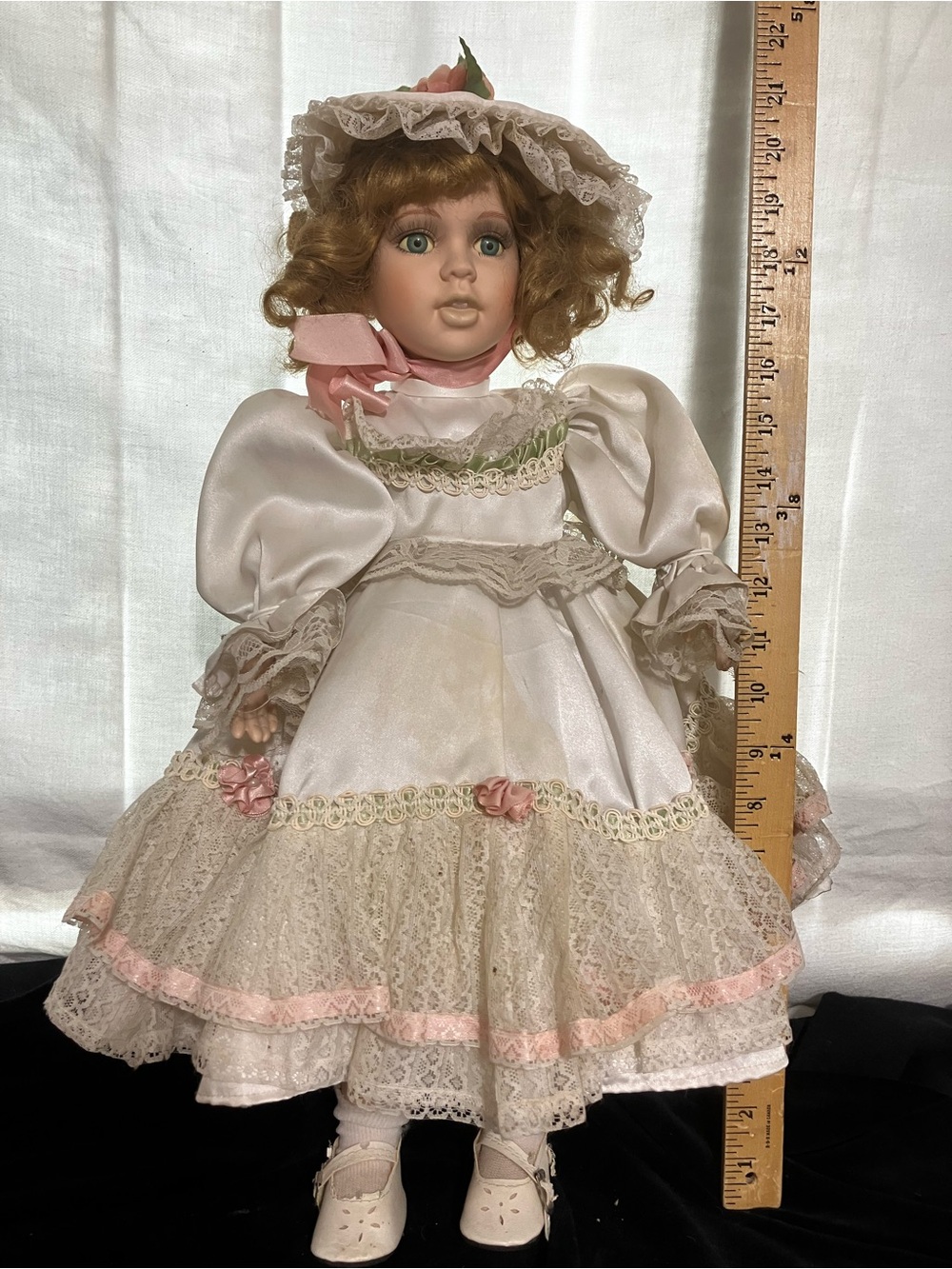 Porcelain Doll in Cream and Pink Lace Dress
